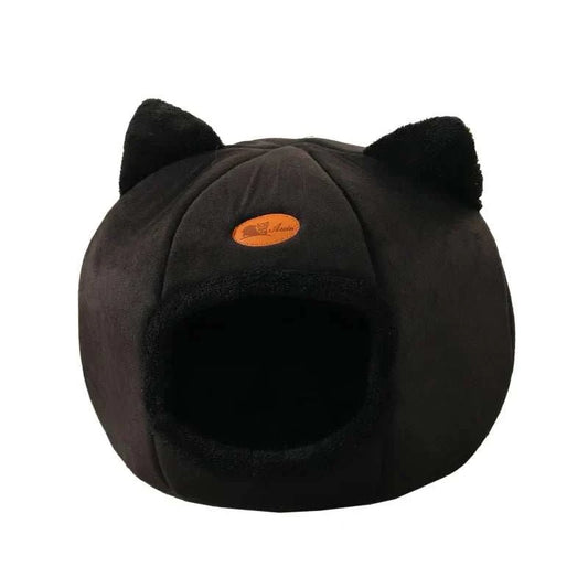 Warm multi-shaped pet nest, versatile cat bed, black plush design.