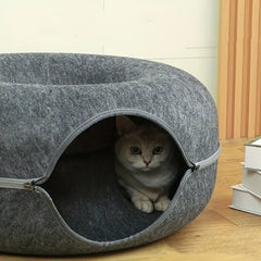 Round cat bed with soft plush cushion, non-slip base, and a cozy design for cats and small dogs.