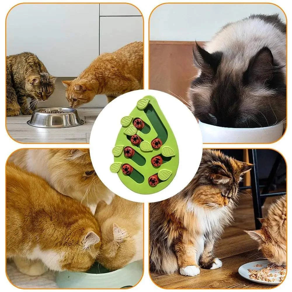 Interactive green leaf shaped slow feeder puzzle toy for cats, promoting healthy eating and mental stimulation.
