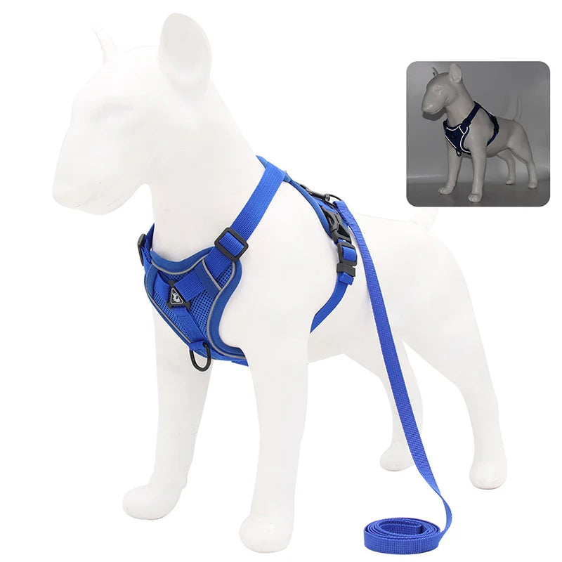 Adjustable Dog Harness Leash Set with reflective design for small and medium dogs, perfect for French Bulldogs and Yorkies.