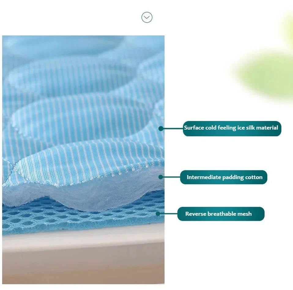 Extra large dog cooling mat with ice silk material, cotton padding, and breathable mesh for summer.