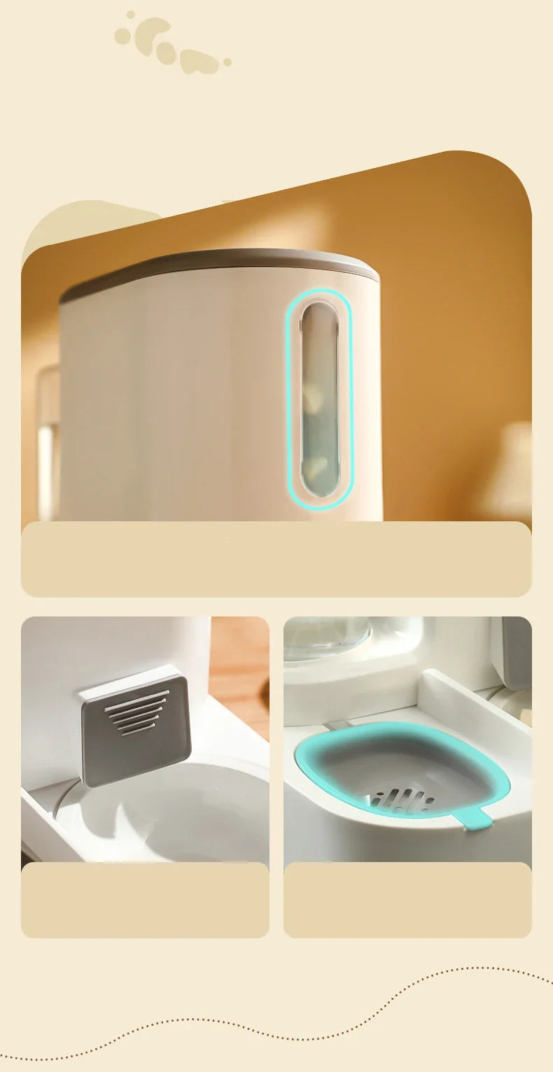 Kimpets automatic pet feeder and water dispenser with large capacity, designed for dry and wet food separation for cats and dogs.