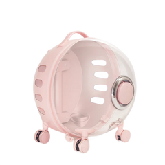 "Rolling pet travel trolley with wheels and transparent capsule carrier in pink and green"