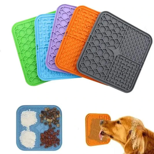 Silicone pet lick mat for dogs, slow feeder, bath distraction tool, colorful designs, strong suction.