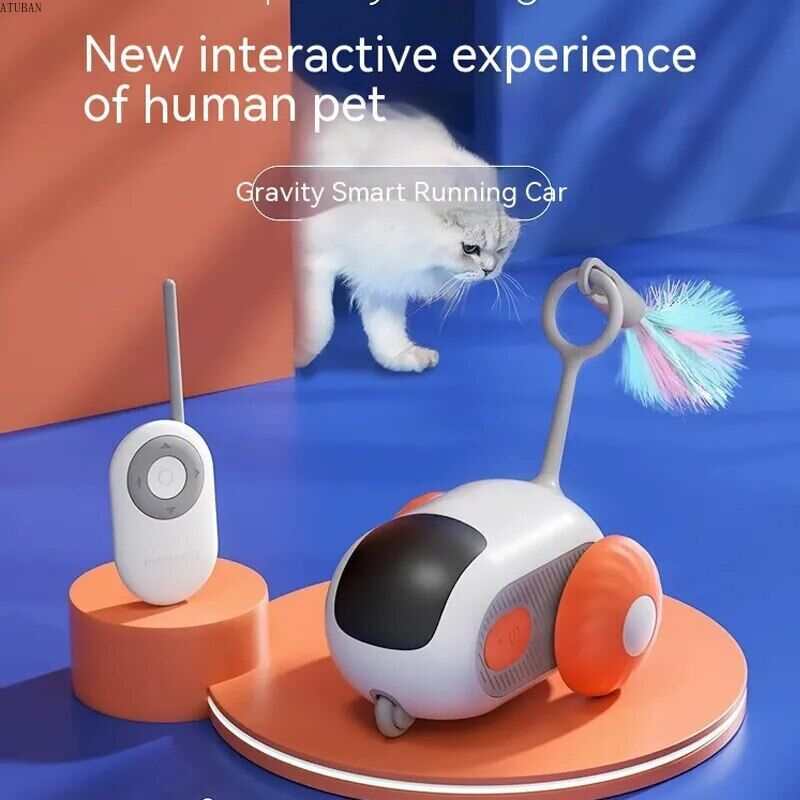 Wireless remote control electric cat toy with gravity sports car design and interactive teaser stick on display.