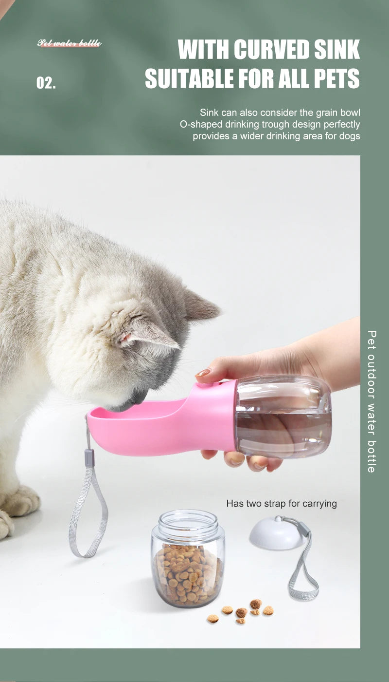 "2-in-1 portable pet water and food dispenser bottle, 300ml, for dogs and cats on the go"