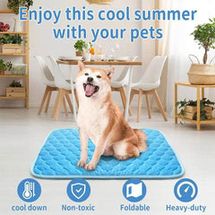 Self-cooling pet mat with ice silk material for dogs and cats, breathable and washable for summer comfort.