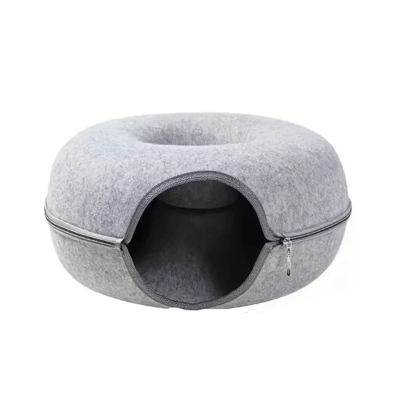 Round cat bed house with soft plush cushion for cats and small dogs.