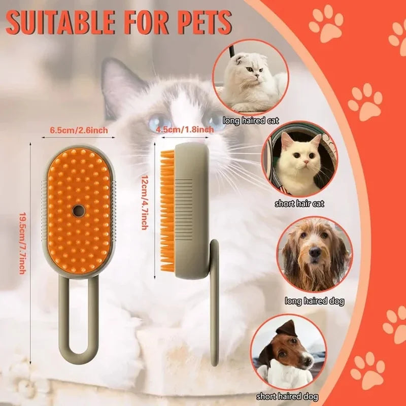 "3-in-1 cat steam brush with 360° rotating handle for hair removal and massage"