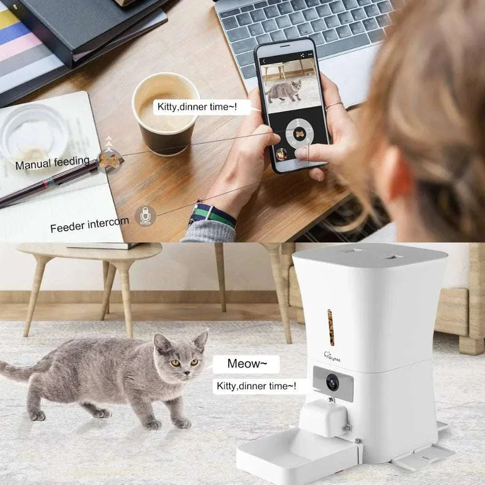Smart WiFi pet feeder with HD camera, remote control, and 12L capacity shown feeding a cat, operated by smartphone.