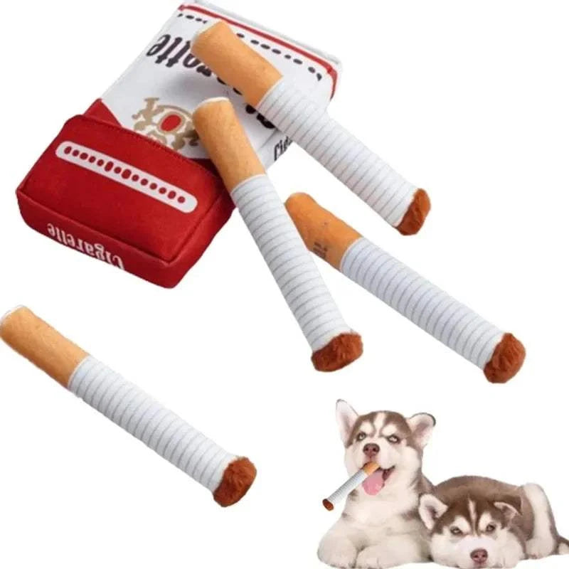 Bite resistant dog toy set with cigarette box design and sound-making feature.