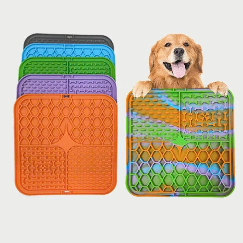 Silicone lick mats for dogs in various colors, designed for slow feeding and bath distraction with strong suction.