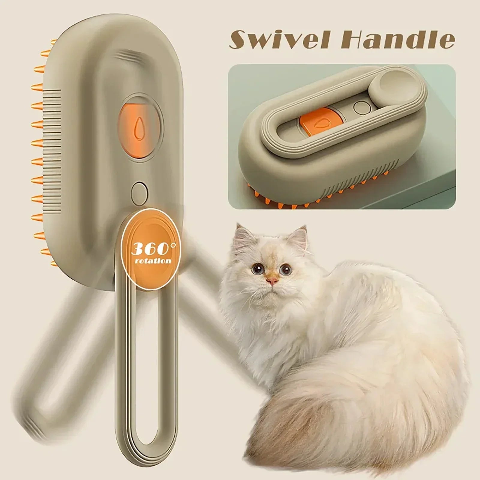 "3-in-1 cat steam brush with 360° rotating handle for hair removal and massage"
