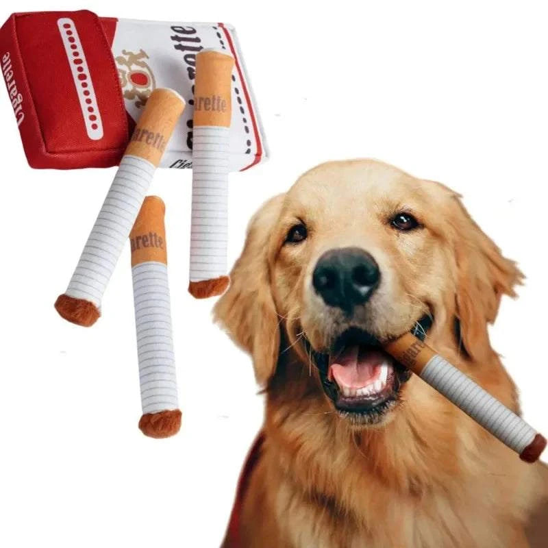 Dog playing with bite-resistant plush cigarette box toy with sound-making feature.