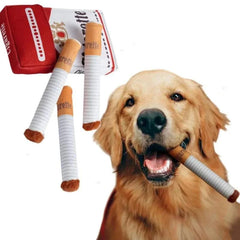 Dog playing with bite-resistant plush cigarette box toy with sound-making feature.