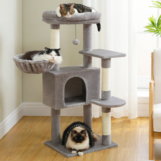 Cozy Cat Tree Tower with hammock, padded perch, and sisal scratching posts for indoor cats.