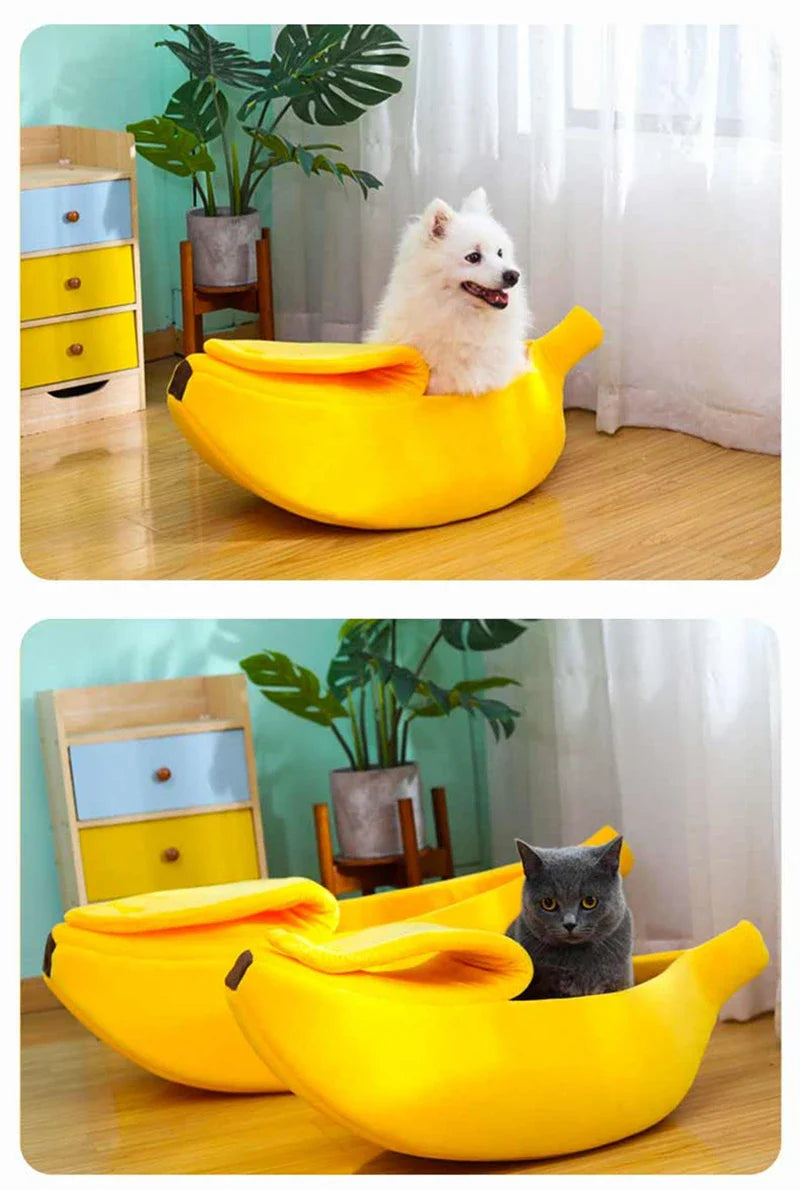 Banana shaped pet bedding with cozy cat nest mat and dog sleeping bag, perfect for small pets.