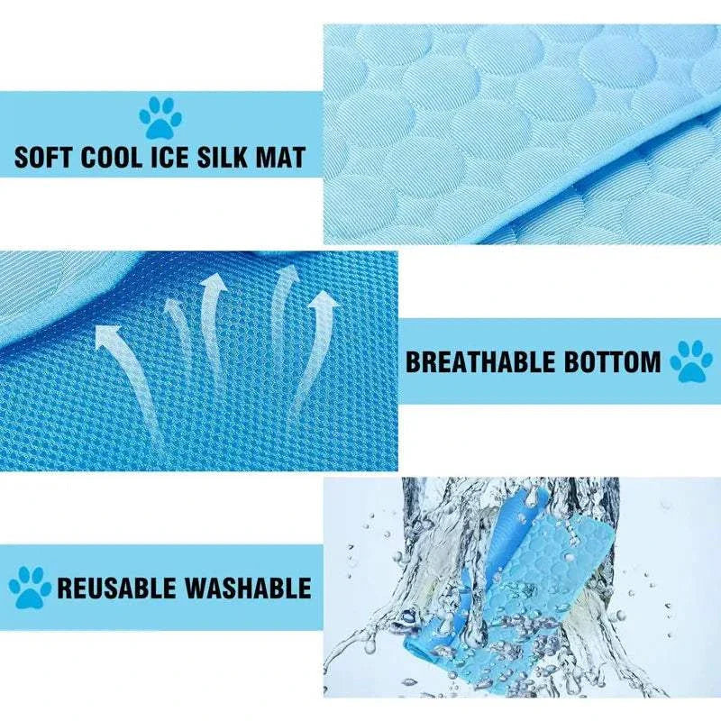 Cooling pet mat with breathable ice silk, washable design for dogs and cats.