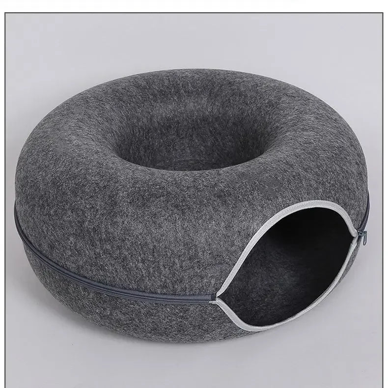 Round plush cat bed house with soft cushion, non-slip base, ideal for cats and small dogs.