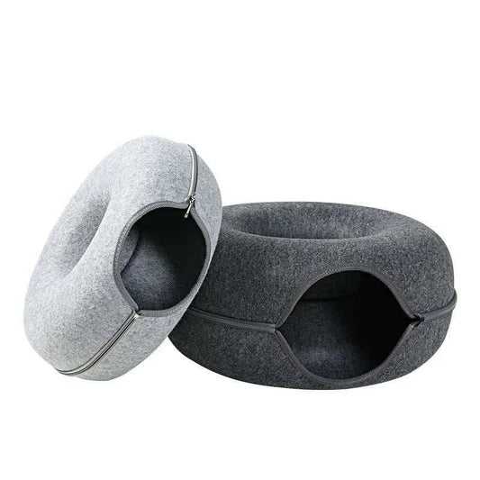 "Donut cat bed with interactive tunnel for playful indoor cats"