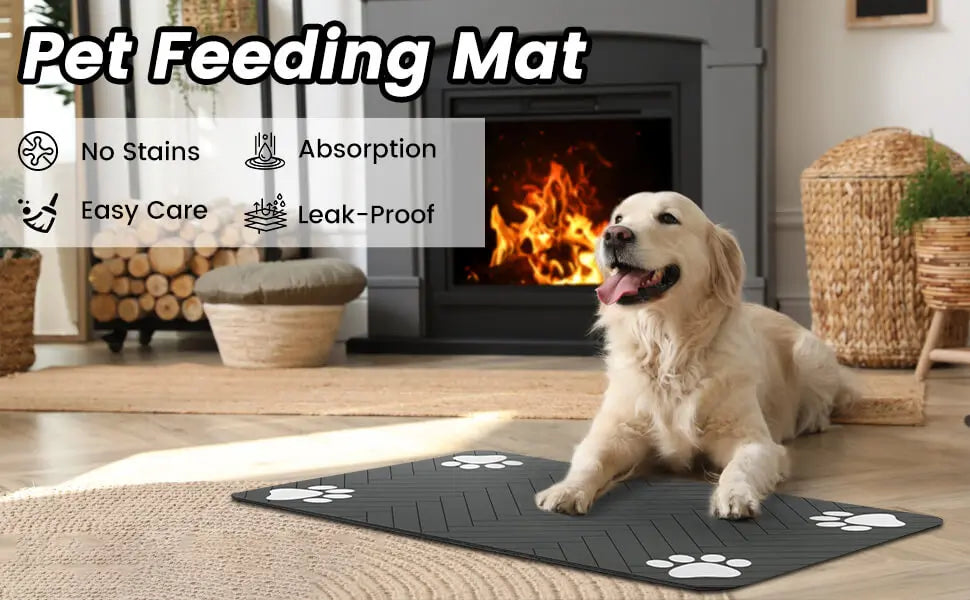 Absorbent pet feeding mat with waterproof rubber backing, designed for food and water bowls for dogs and cats, featuring a quick-dry surface.