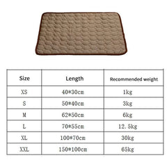 Summer pet ice pads for dogs and cats with cooling silk technology, available in multiple sizes and ideal for kennels and home use.