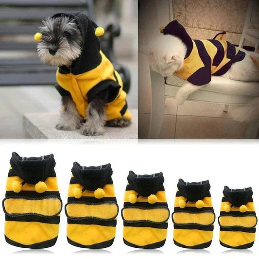 Bee pet puppy coat fleece hoodie costume for dogs and cats in yellow and black stripes, perfect for Halloween cosplay.