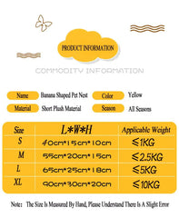 Banana shaped pet bedding chart with size and weight details in yellow.