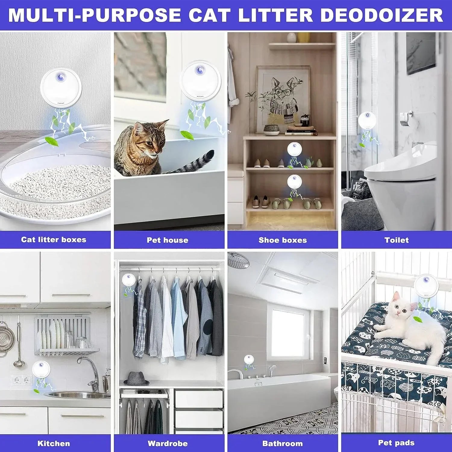 Smart cat odor purifier designed for litter boxes, featuring deodorizing and air purification technology to keep your home smelling fresh.