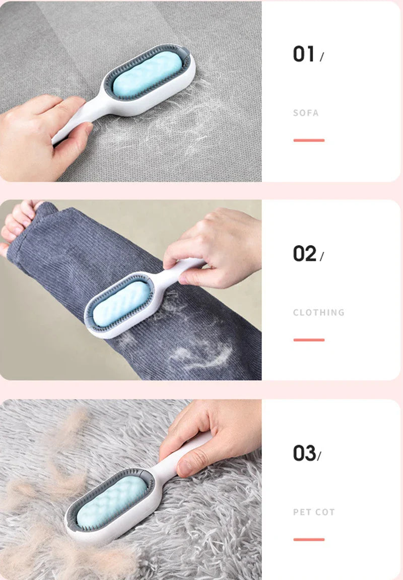 "Double-sided pet hair removal brush for cats and dogs with grooming wipes"