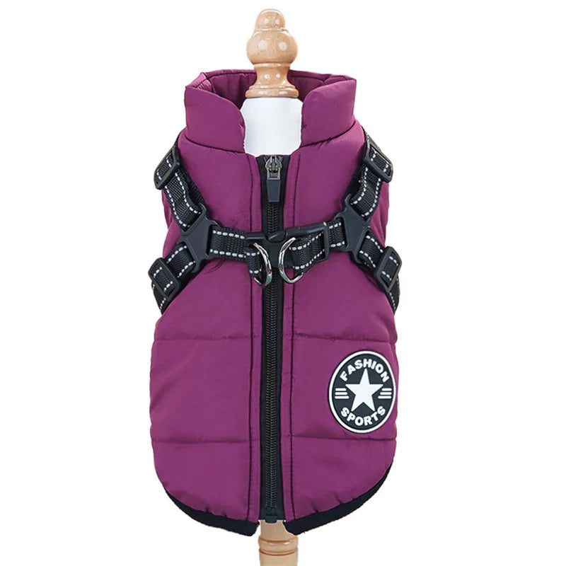 "Large waterproof dog jacket with harness for winter warmth"