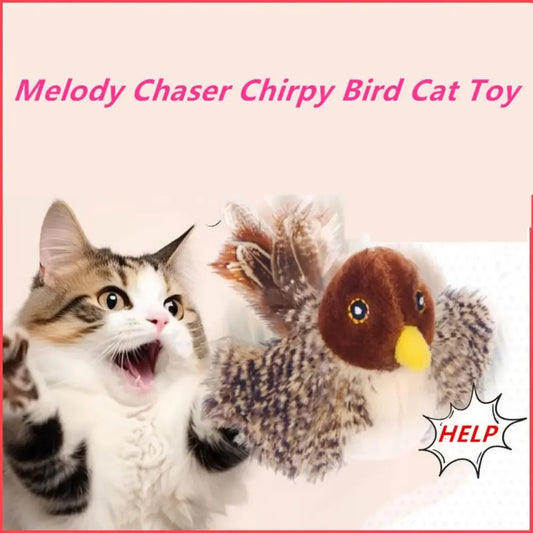 "Interactive cat toy with flapping wings and chirping sounds"