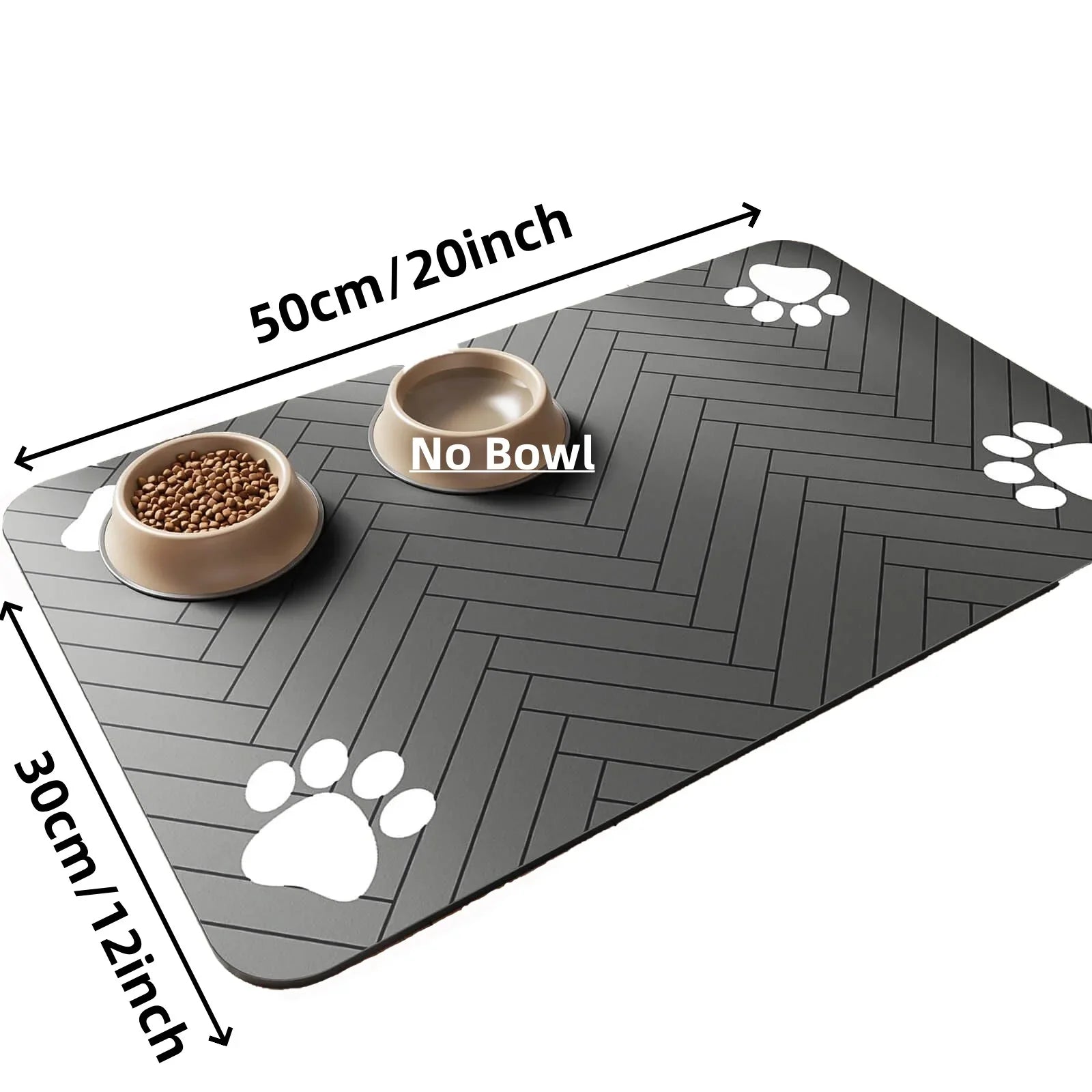 Absorbent pet feeding mat with waterproof rubber backing, designed for food and water bowls for dogs and cats, featuring a quick-dry surface.