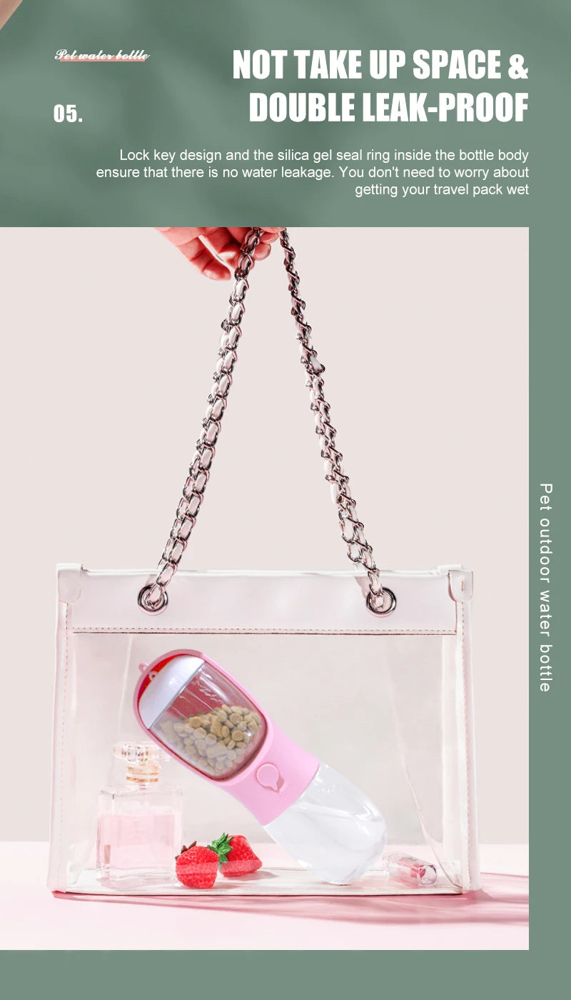 "2-in-1 portable pet water and food dispenser bottle, 300ml, for dogs and cats on the go"