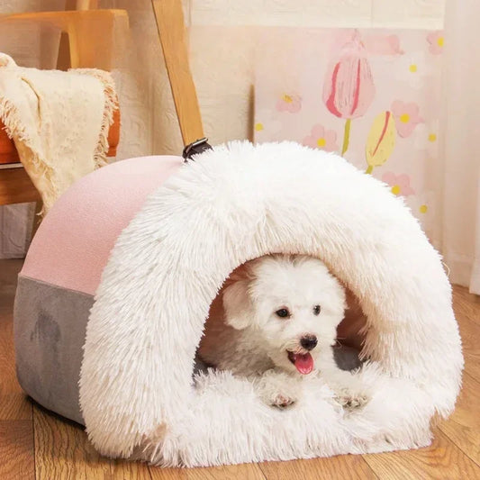 "Portable plush pet house for small dogs and cats"