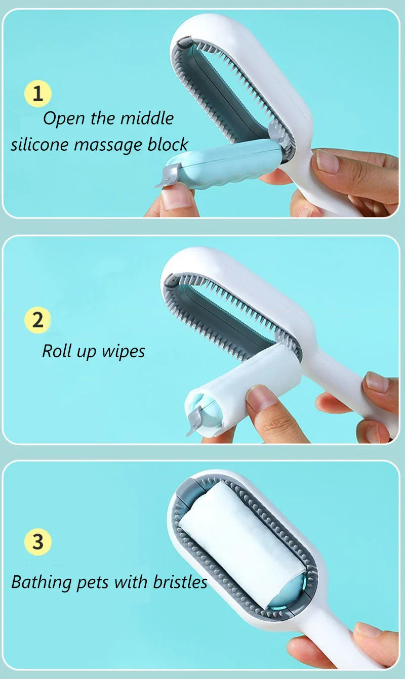 "Double-sided pet hair removal brush for cats and dogs with grooming wipes"