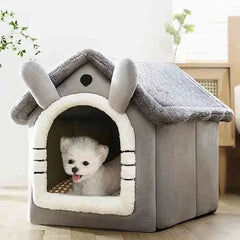 Indoor warm dog house with removable cushion, cozy pet bed tent.