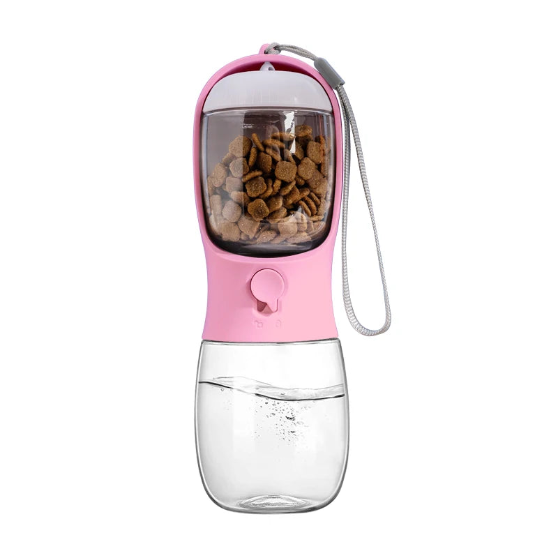 "2-in-1 portable pet water and food dispenser bottle, 300ml, for dogs and cats on the go"