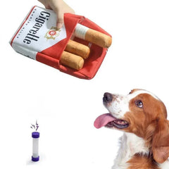 Bite-resistant plush dog toy with sound features, shaped like a cigarette box containing three plush cigarettes.