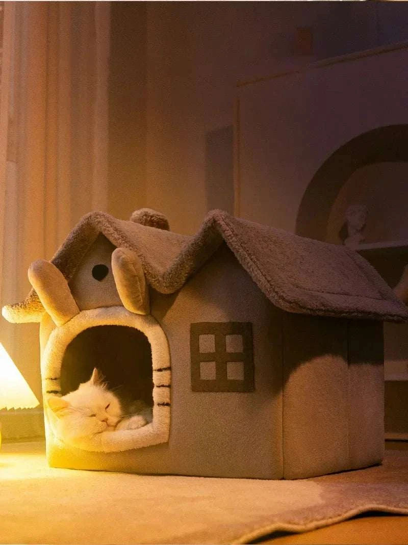 Cozy half-closed dog bed with a fluffy, foldable design for small pets.