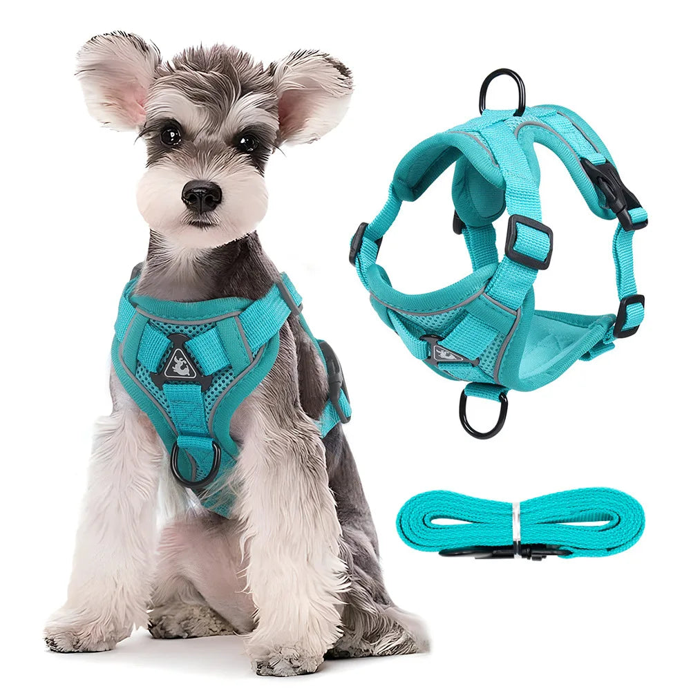 Adjustable Dog Harness Leash Set with reflective design for small and medium dogs, perfect for French Bulldogs and Yorkies.