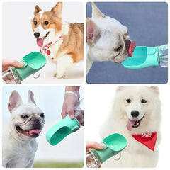 Portable pet travel water bottle for dogs and cats, easy-pour drinking bowl, ideal for outdoor activities.