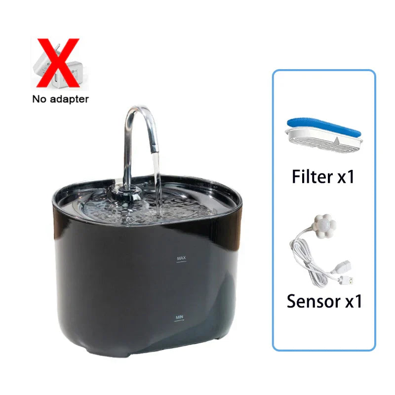 Stainless steel automatic pet water fountain with cycle filters and ultra-silent pump, designed for cats and dogs to ensure fresh drinking water.