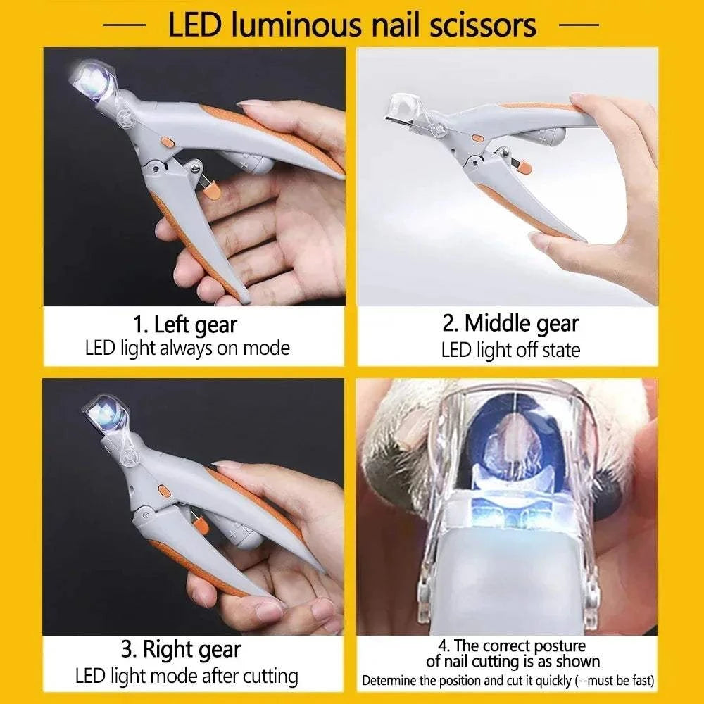 Professional pet nail clippers with LED light for cats and dogs, ergonomic design, stainless steel blades.