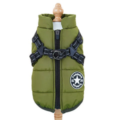 "Large waterproof dog jacket with harness for winter warmth"