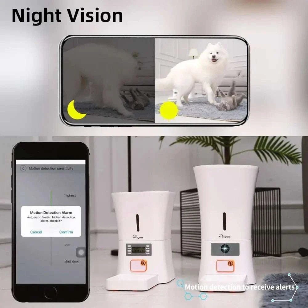 Smart WiFi pet feeder with HD camera, remote control, 12L capacity; night vision feature shown.
