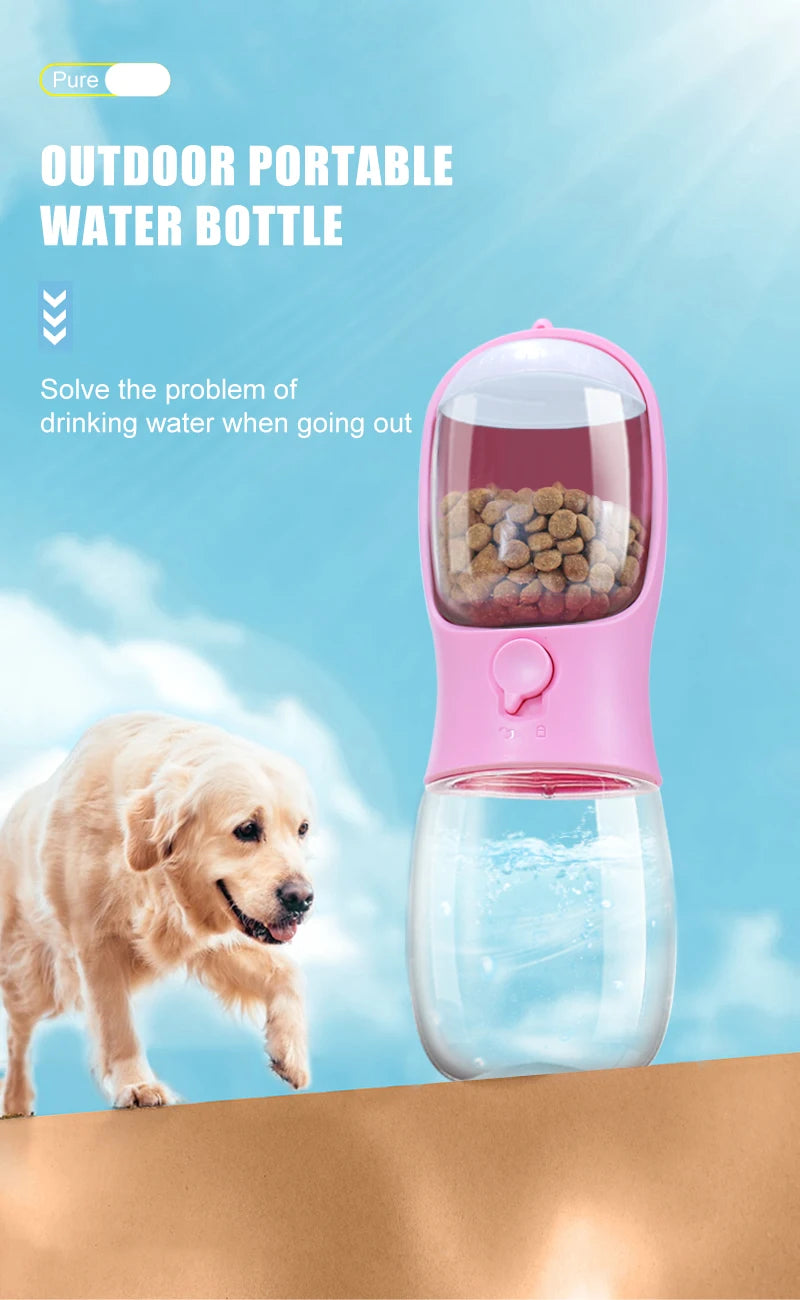 "2-in-1 portable pet water and food dispenser bottle, 300ml, for dogs and cats on the go"