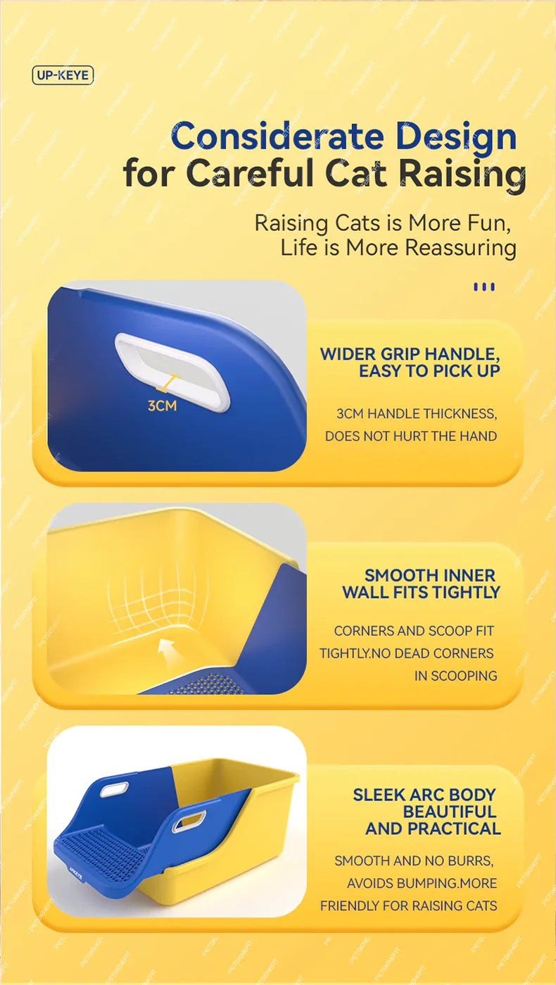 "Extra large semi-closed cat litter pan with anti-splash design for easy maintenance"