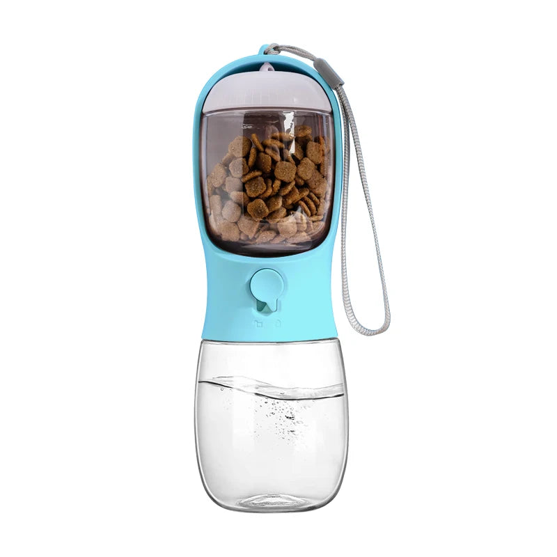 "2-in-1 portable pet water and food dispenser bottle, 300ml, for dogs and cats on the go"