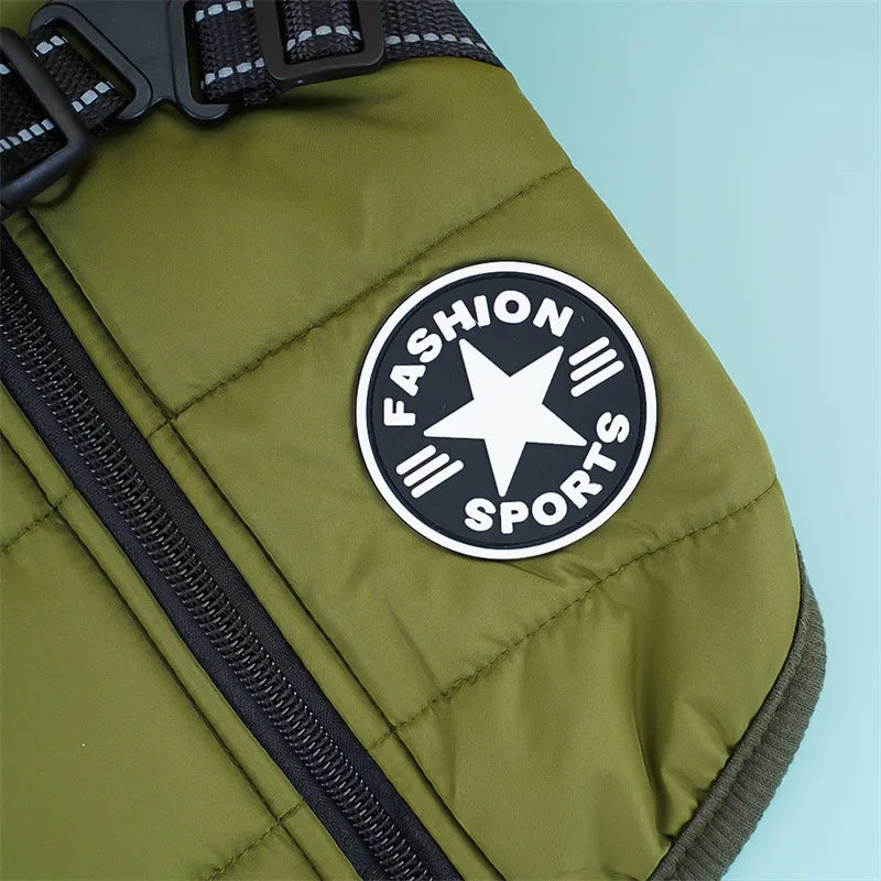 "Large waterproof dog jacket with harness for winter warmth"